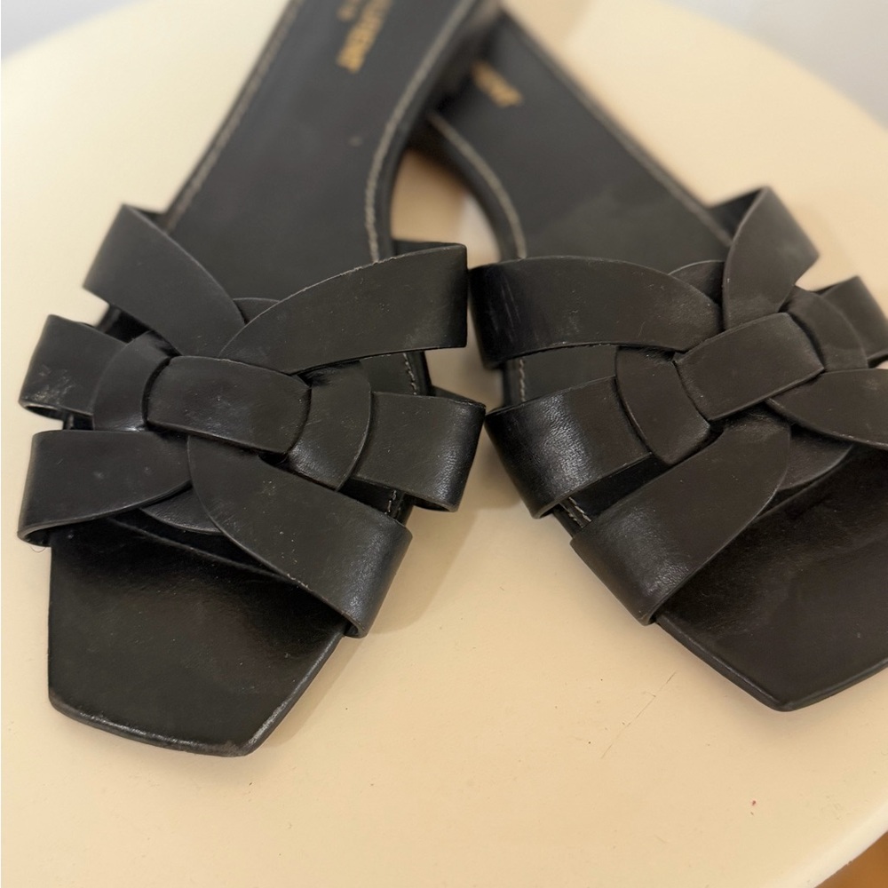 Saint Laurent Black Braided Leather Slide Sandals - Women - Picture 6 of 6